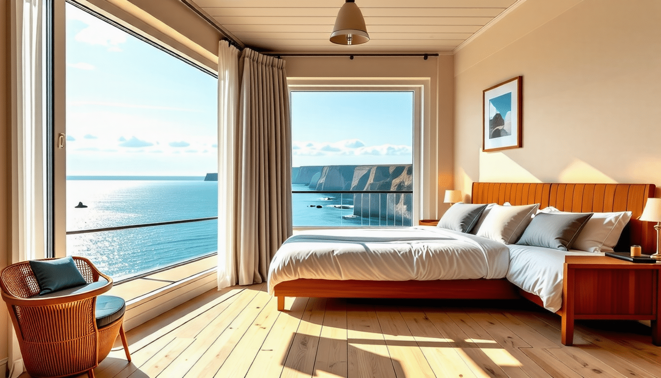 dormez au donjon du domaine saint-clair à etretat et profitez de chambres offrant une vue imprenable sur la mer et les falaises.