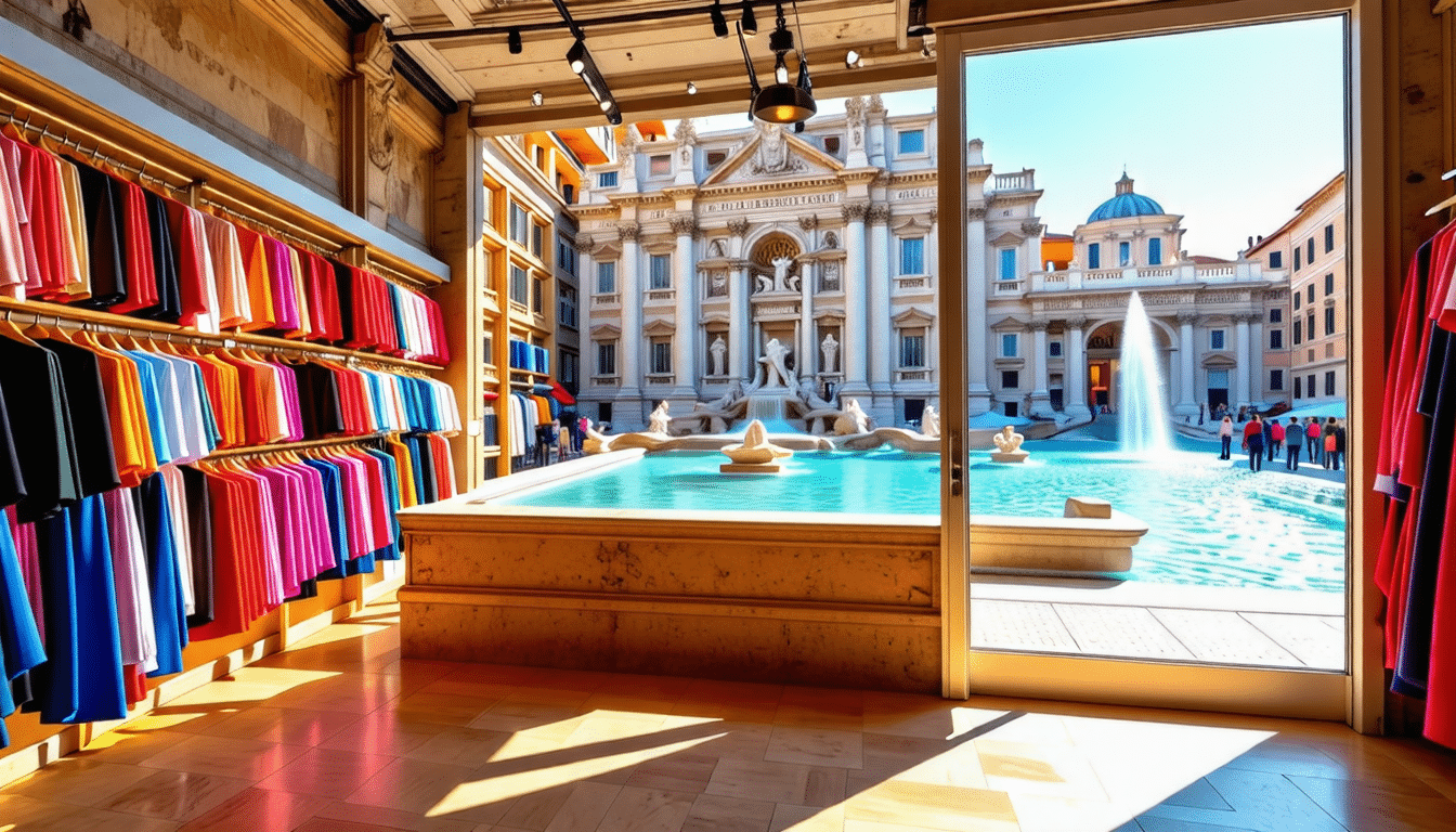 explorez les panoramas uniques et moins connus de la célèbre fontaine de trevi tout en faisant du shopping dans un magasin de vêtements élégant à rome. une expérience inoubliable mêlant mode et beauté romaine.