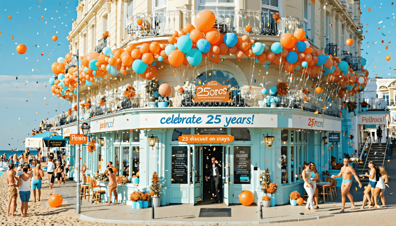 célébrez les 25 ans de l'hôtel pelirocco à brighton ! profitez d'une remise exceptionnelle de 25 % sur tous vos séjours réservés jusqu'au 15 avril. ne manquez pas cette opportunité unique de découvrir le charme de notre hôtel emblématique tout en bénéficiant d'une réduction exclusive.