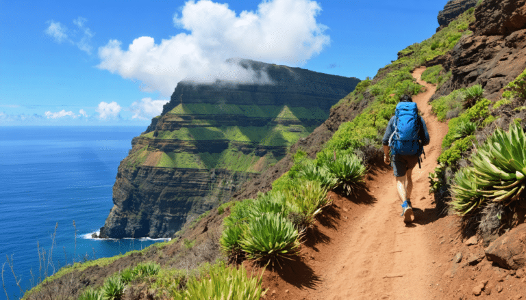 explorez un sentier de randonnée à flanc de montagne à tenerife, où des panoramas époustouflants sur l'océan vous attendent. une aventure unique au cœur de la nature, idéale pour les amateurs de paysages à couper le souffle.
