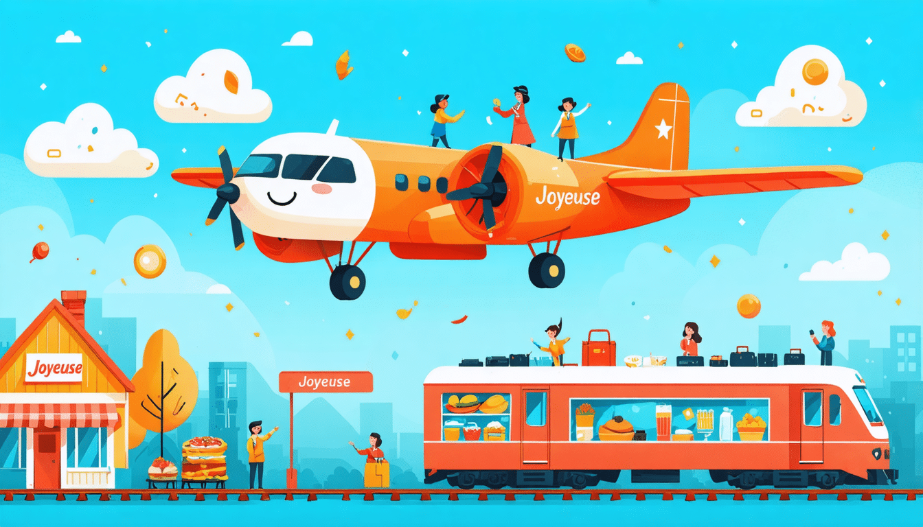 découvrez la compagnie aérienne 'joyeuse' qui vous propose des tarifs compétitifs équivalents à ceux des trains. profitez de collations savoureuses à bord et de bagages offerts pour un voyage agréable et pratique. envolez-vous avec 'joyeuse' et vivez une expérience de vol inoubliable !