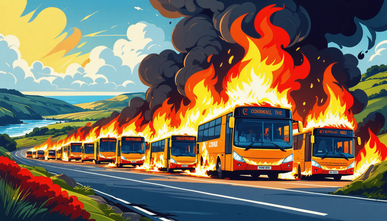 un incendie dévastateur en cornouailles a ravagé des bus d'une compagnie de transport, causant destruction et inquiétude. découvrez les conséquences de cet événement tragique et les mesures prises pour garantir la sécurité des usagers.
