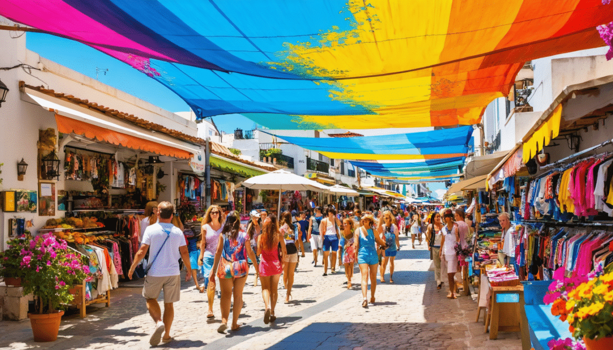 découvrez la rue commerçante vibrante de cette ville côtière espagnole, où une incroyable canopée colorée, façonnée par des artistes talentueux, crée une atmosphère unique. profitez d'une expérience de shopping inoubliable au cœur de cette destination enchanteresse.
