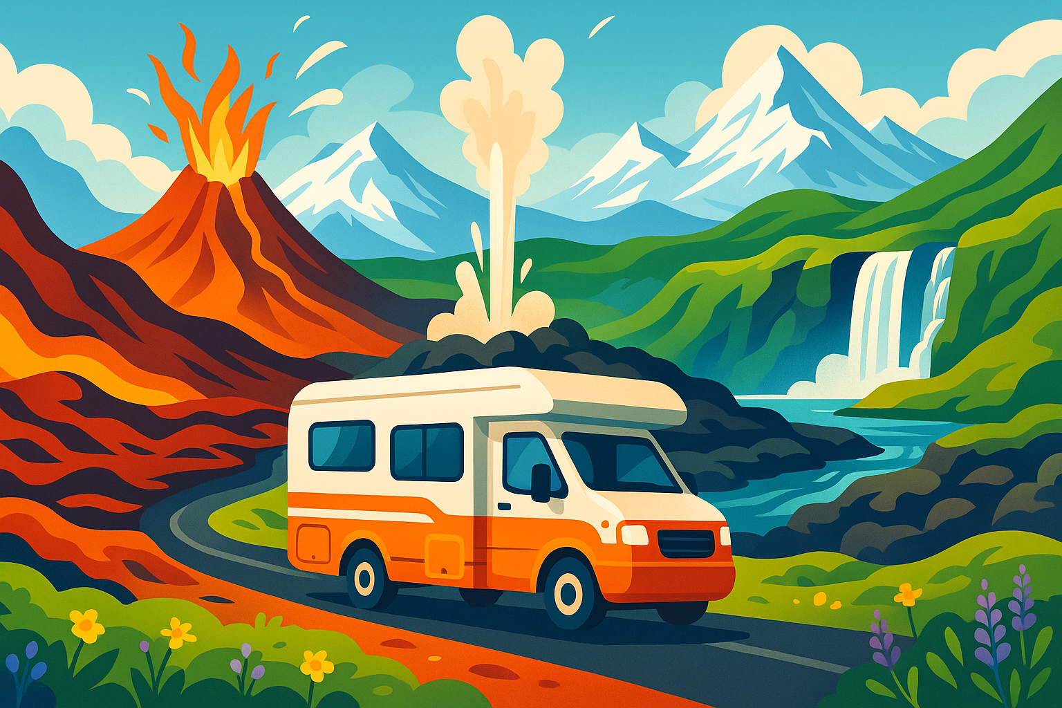partez pour un voyage inoubliable en camping-car à travers l'islande, terre de feu et de glace. découvrez des paysages à couper le souffle, des volcans majestueux aux glaciers étincelants. explorez la magie des aurores boréales et plongez dans la culture islandaise lors de cette aventure unique.