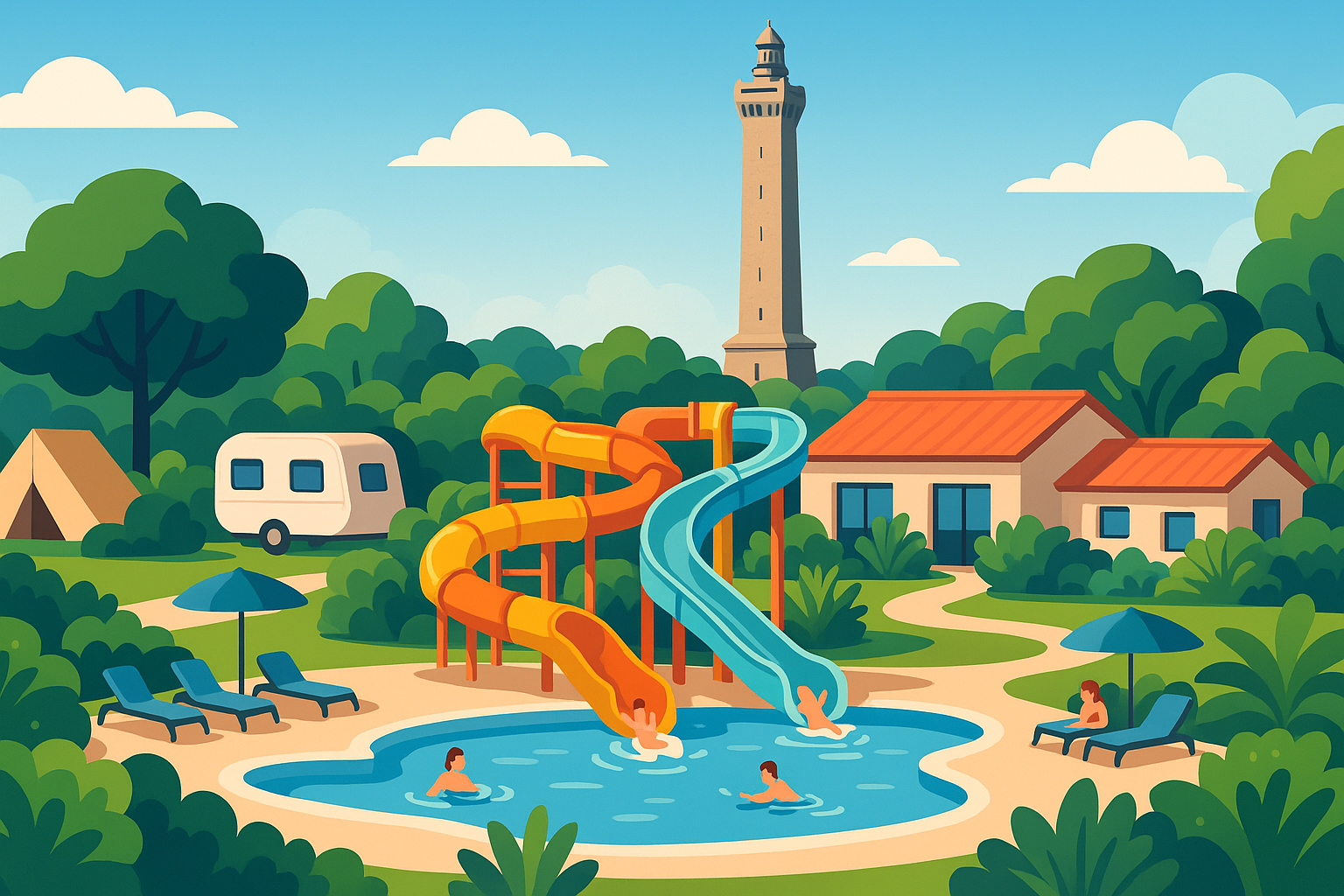 explorez un charmant camping en bretagne avec parc aquatique, idéalement situé à seulement 50 mètres du célèbre phare de penmarc'h. profitez d'une expérience inoubliable au cœur de la nature et des paysages bretons.