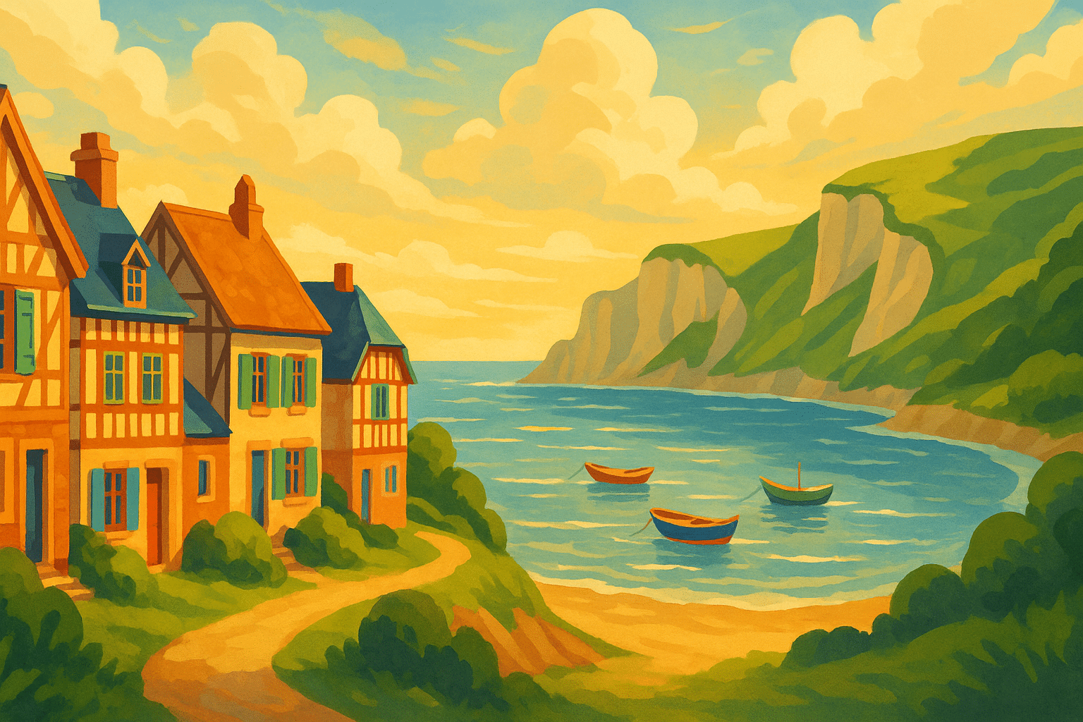 plongez dans l'atmosphère enchanteresse de ce village normand caché au bord de la mer. avec ses paysages dignes d'un tableau impressionniste, explorez ses ruelles pittoresques, ses maisons à colombages et ses panoramas à couper le souffle. une destination idéale pour les amateurs de nature et d'art.