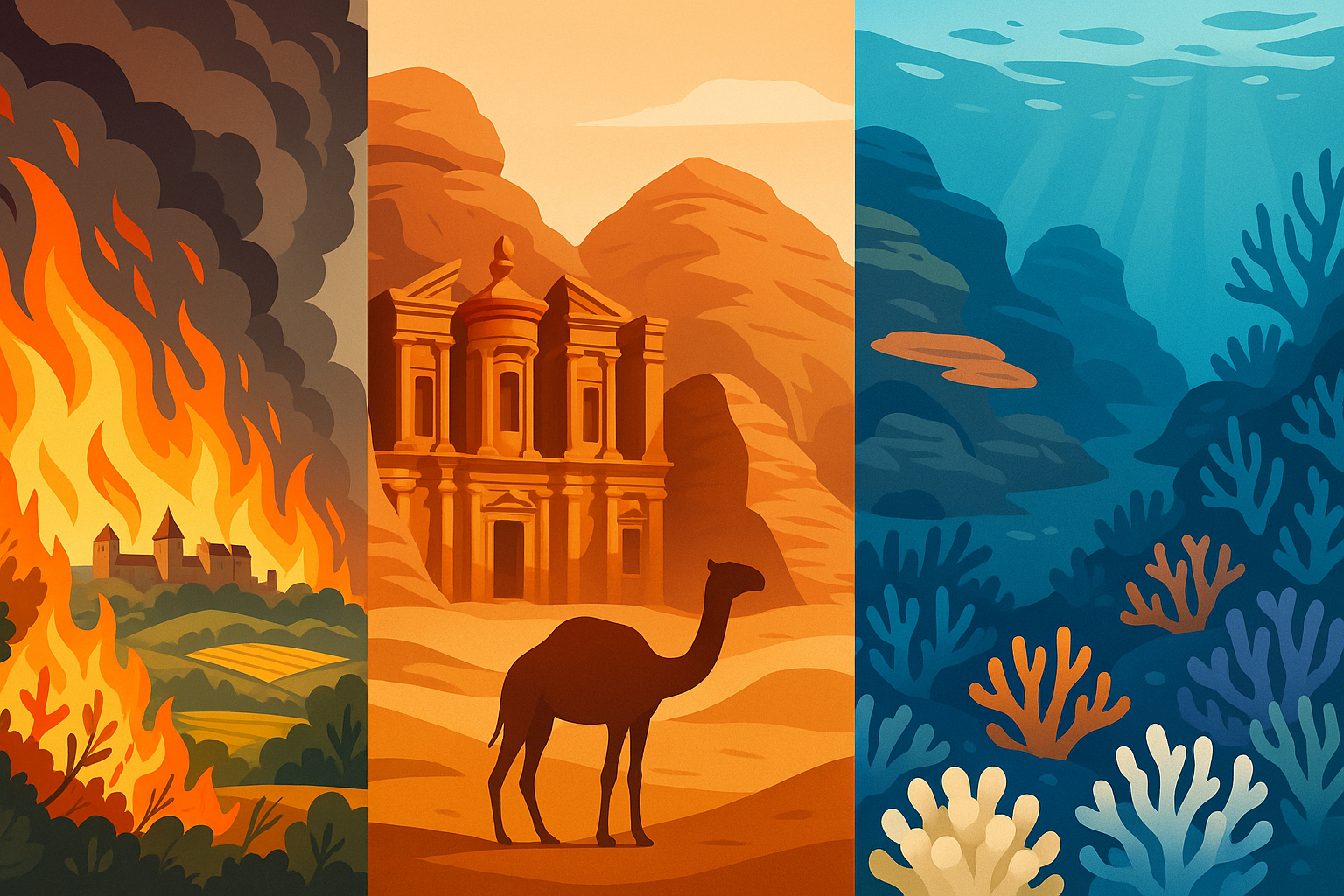 découvrez les ravages d'un incendie majeur dans l'aude en france, l'effondrement du tourisme en jordanie et le blanchiment alarmant de la grande barrière de corail en australie. un panorama inquiétant des crises environnementales et économiques mondiales.