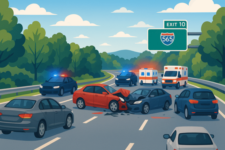 un accident majeur a provoqué un important blocage de la circulation sur l'i-565 en direction ouest, près de la sortie 10. les conducteurs sont invités à éviter la zone et à prévoir des itinéraires alternatifs.