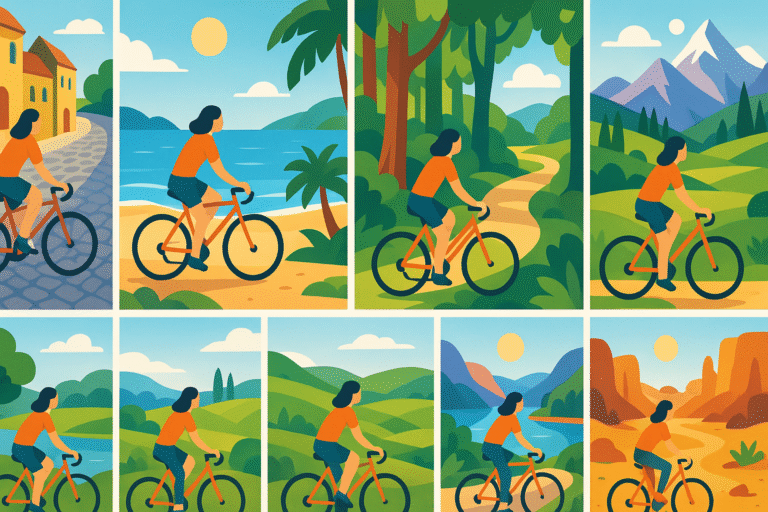 embarquez avec terri pour un voyage unique et découvrez 12 balades à vélo inoubliables, des ruelles pavées aux superbes rivages, à travers les plus beaux paysages du monde.