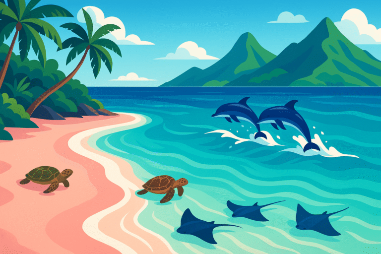 explorez une plage secrète de sable rose en polynésie française, un havre naturel exceptionnel où vous nagerez aux côtés de dauphins, tortues et raies pour une expérience inoubliable !