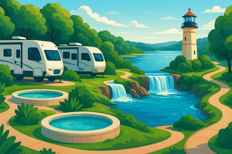 plongez dans le luxe au complexe de caravanes de l'oklahoma, niché au bord d’un lac étincelant : profitez de spas aquatiques, d’une cascade, d’un phare emblématique et de superbes sentiers longeant le rivage pour une expérience inoubliable.