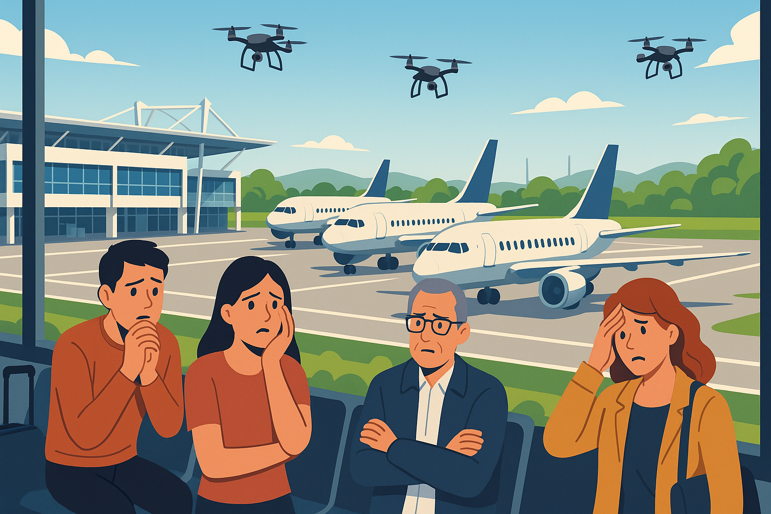 l'aéroport de munich a interrompu tous ses vols en raison de la présence de drones non autorisés, provoquant des retards importants et de nombreux passagers bloqués dans le terminal.