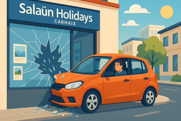 un accident a endommagé la vitrine de l'agence salaün holidays à carhaix lorsqu'un automobiliste a perdu le contrôle de son véhicule. aucun blessé n'est à déplorer, mais la façade a subi d'importants dégâts matériels.