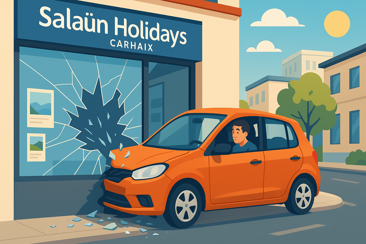 un accident a endommagé la vitrine de l'agence salaün holidays à carhaix lorsqu'un automobiliste a perdu le contrôle de son véhicule. aucun blessé n'est à déplorer, mais la façade a subi d'importants dégâts matériels.
