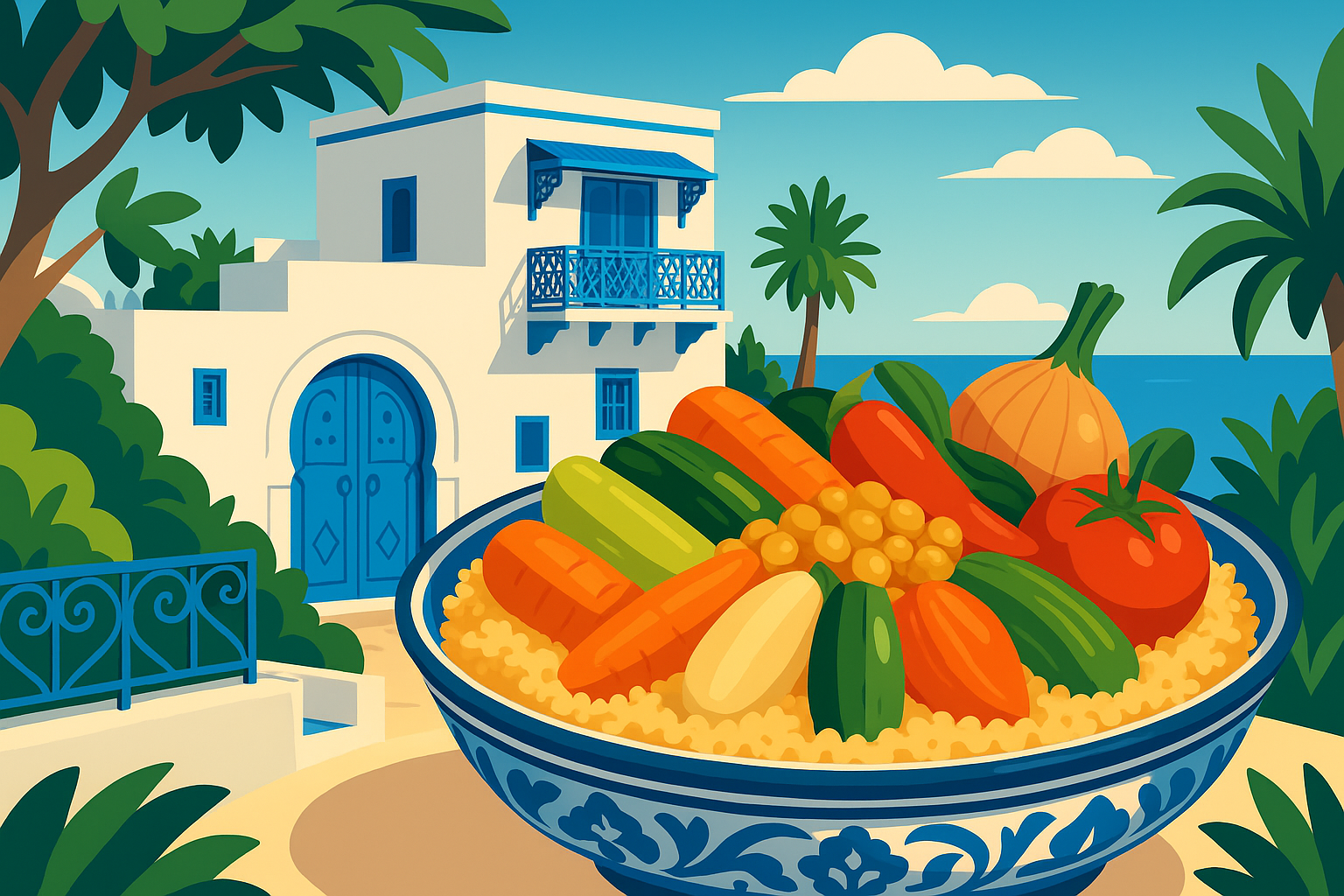 découvrez le couscous aux 7 légumes, plat traditionnel qui charme les habitants de sidi bou saïd, ce joyau tunisien entre mer et collines.